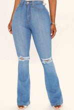 Load image into Gallery viewer, High Rise Medium Denim Knee Cut Flare Jeans
