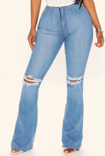 Load image into Gallery viewer, High Rise Medium Denim Knee Cut Flare Jeans
