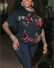 Load image into Gallery viewer, Sequin Embroidered Crew Neck Short Sleeve Tee
