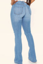 Load image into Gallery viewer, High Rise Medium Denim Knee Cut Flare Jeans
