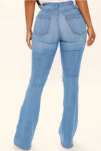 Load image into Gallery viewer, High Rise Medium Denim Knee Cut Flare Jeans
