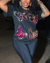 Load image into Gallery viewer, Sequin Embroidered Crew Neck Short Sleeve Tee
