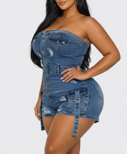 Load image into Gallery viewer, Plus Size Tube Stretch Denim Cargo Short Romper
