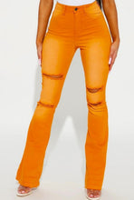 Load image into Gallery viewer, High Rise Orange Color Over Dyed Flare Pants
