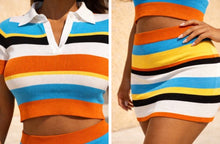 Load image into Gallery viewer, Knit Multi Color Striped Collar Crop Top and Mini Skirt Set
