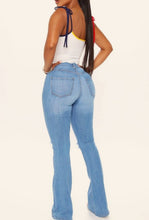Load image into Gallery viewer, High Rise Medium Denim Knee Cut Flare Jeans
