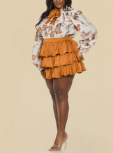 Load image into Gallery viewer, Plus Print Tie Neck Blouse Solid Ruffle Skirt Set
