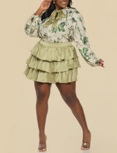 Load image into Gallery viewer, Plus Print Tie Neck Blouse Solid Ruffle Skirt Set
