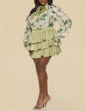Load image into Gallery viewer, Plus Print Tie Neck Blouse Solid Ruffle Skirt Set
