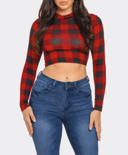 Load image into Gallery viewer, Plaid Print Detail Mock Neck Long Sleeve Crop Top

