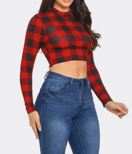 Load image into Gallery viewer, Plaid Print Detail Mock Neck Long Sleeve Crop Top

