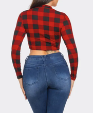Load image into Gallery viewer, Plaid Print Detail Mock Neck Long Sleeve Crop Top
