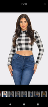 Load image into Gallery viewer, Plaid Print Detail Mock Neck Long Sleeve Crop Top
