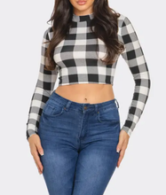Load image into Gallery viewer, Plaid Print Detail Mock Neck Long Sleeve Crop Top
