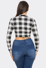 Load image into Gallery viewer, Plaid Print Detail Mock Neck Long Sleeve Crop Top
