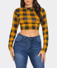 Load image into Gallery viewer, Plaid Print Detail Mock Neck Long Sleeve Crop Top
