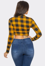 Load image into Gallery viewer, Plaid Print Detail Mock Neck Long Sleeve Crop Top
