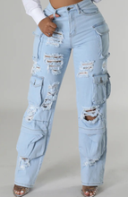 Load image into Gallery viewer, High Rise Multi Pockets Distressed Cargo Jeans
