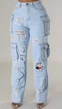 Load image into Gallery viewer, High Rise Multi Pockets Distressed Cargo Jeans
