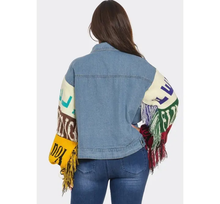Load image into Gallery viewer, Color-Pop Lettered Knit Sleeve Denim Jacket
