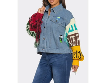 Load image into Gallery viewer, Color-Pop Lettered Knit Sleeve Denim Jacket
