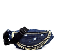Load image into Gallery viewer, Frayed Denim Chain Embellished Fanny Pack
