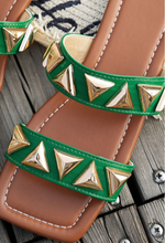Load image into Gallery viewer, Green Gold Studded Flat Sandals
