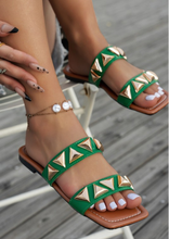 Load image into Gallery viewer, Green Gold Studded Flat Sandals
