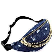 Load image into Gallery viewer, Frayed Denim Chain Embellished Fanny Pack
