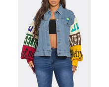 Load image into Gallery viewer, Color-Pop Lettered Knit Sleeve Denim Jacket
