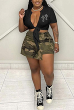 Load image into Gallery viewer, Faux Leather Patch Embroidered Tie Knot Crop Tee
