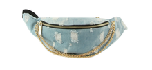 Load image into Gallery viewer, Frayed Denim Chain Embellished Fanny Pack
