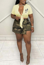 Load image into Gallery viewer, Faux Leather Patch Embroidered Tie Knot Crop Tee
